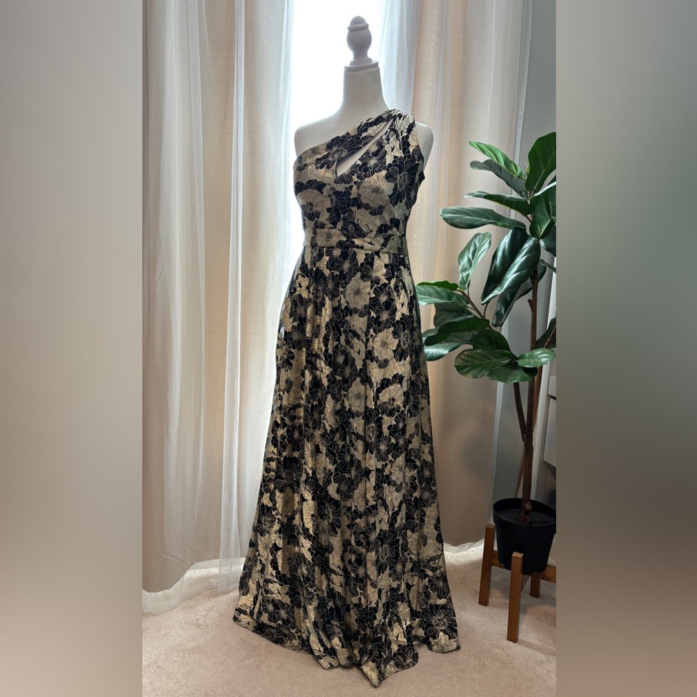 Betsy & Adam One Shoulder Formal Dress - Dark Green and Gold